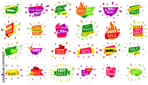 Set of sale banner badge templates. Stickers best offer price and big sale pricing tag badge design. Limited sales offer label or store discount banner card. Shopping coupon. Vector illustration.