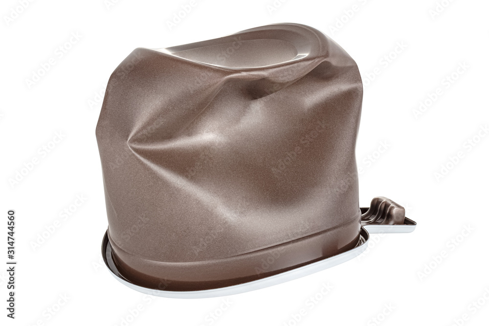 Upside down crumpled unused disposable white plastic mug with brown satin texture on the outside isolated on white background Upside down crumpled unused disposable white plastic mug with brown satin texture on the outside isolated on white background