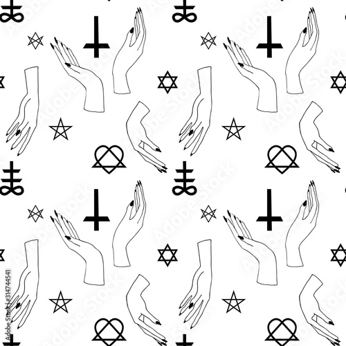 Occultism print with gothic hands and magic signs - cross. Seamless pattern. Linear black drawing.