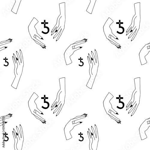 Occultism print with gothic hands and magic signs. Seamless pattern. Linear black drawing.