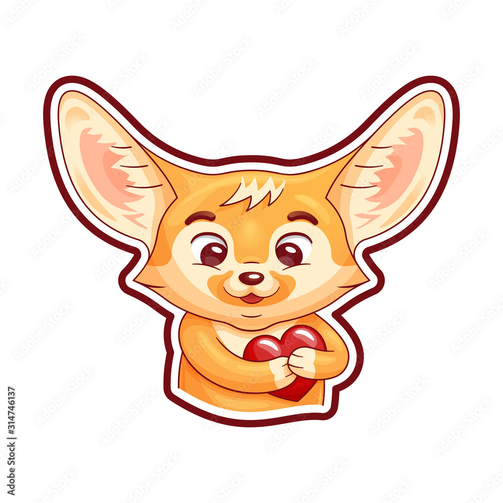 Enamoured fennec fox presses paws to his breast in heart area. Passion cartoon heart beats under paws.  Funny emotion, feeling and face expression