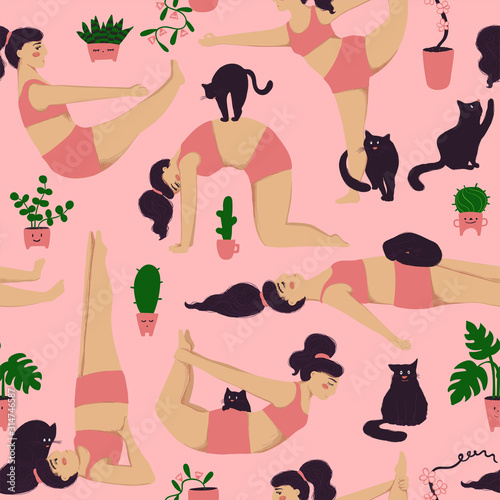Seamless Pattern Of Girl Doing Yoga With A Cat.