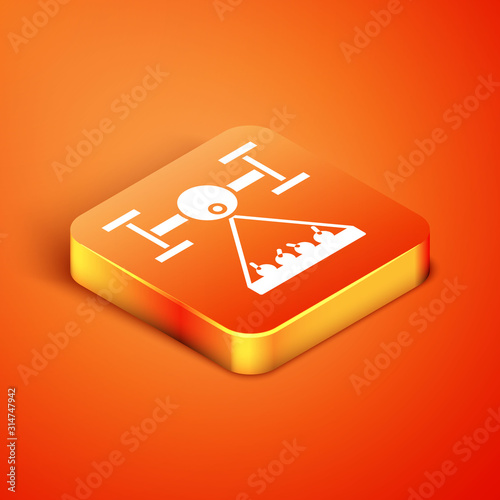 Isometric Smart farm with drone control collects harvest icon isolated on orange background. Innovation technology for agricultural company.  Vector Illustration