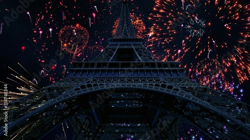 Massive fireworks display on a clear starry night over the Eiffel Tower in Paris, France.
