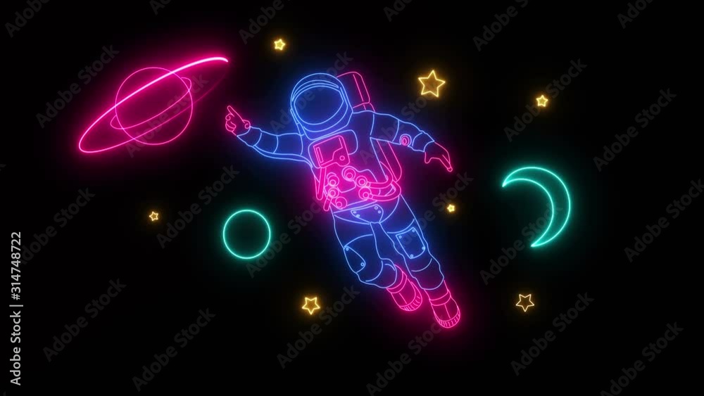 Neon Light Astronaut Planets And Stars Glow On A Black Background. Cosmic Neon Sign, Bright Signboard, Light Banner. Space Logo, Emblem Neon Light Astronaut Planets And Stars Glow On A Black Background. Cosmic Neon Sign, Bright Signboard, Light Banner. Space Logo, Emblem