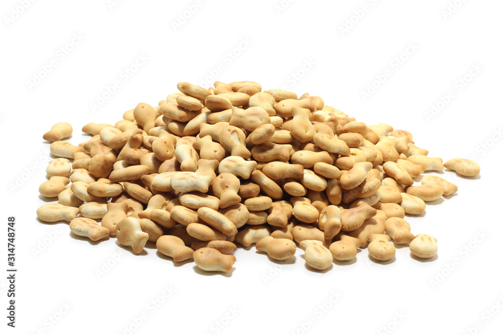 little crackers in the form of fish on white isolated background little crackers in the form of fish on white isolated background