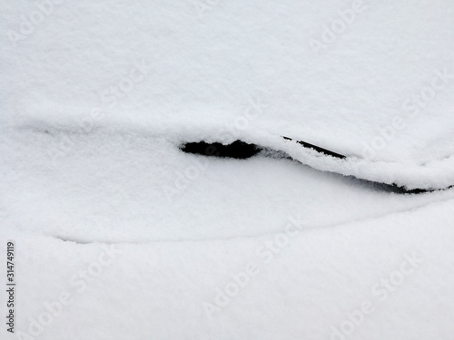 Windscreen with car cleaner covered with snow close-up. Concept of winter, snow, weather conditions and car © Sergey