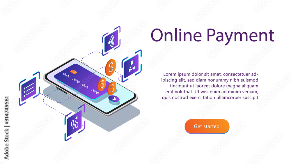 Vector Isometric illustration of smartphone and credit card on white background.Concept ofonline payments, personal data protection. Transfer money from card. Mobile wallet application.
