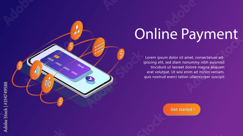 landing page template of  mobile payments, personal data protection. Transfer money from card. Vector Isometric illustration of smartphone and credit card on purple background.