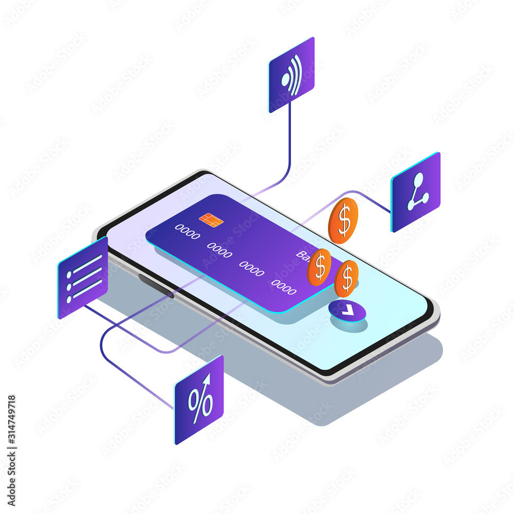 Isometric composition of mobile payments. Transfer money from card. Vector illustration of smartphone and bank card on white background. Isometric composition of mobile payments. Transfer money from card. Vector illustration of smartphone and bank card on white background.