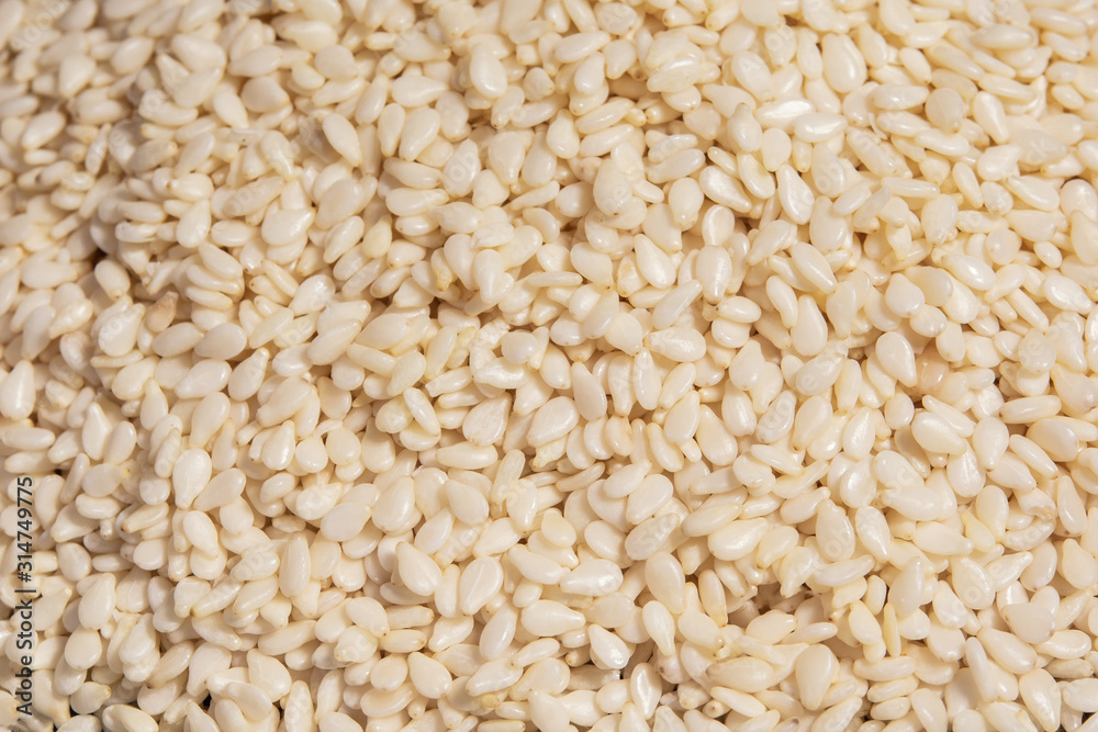 White sesame seeds background. Organic background. White sesame seeds background. Organic background.