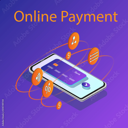 Concept of online  payments, personal data protection.Vector  Isometric illustration of smartphone and credit  card on  purple background.