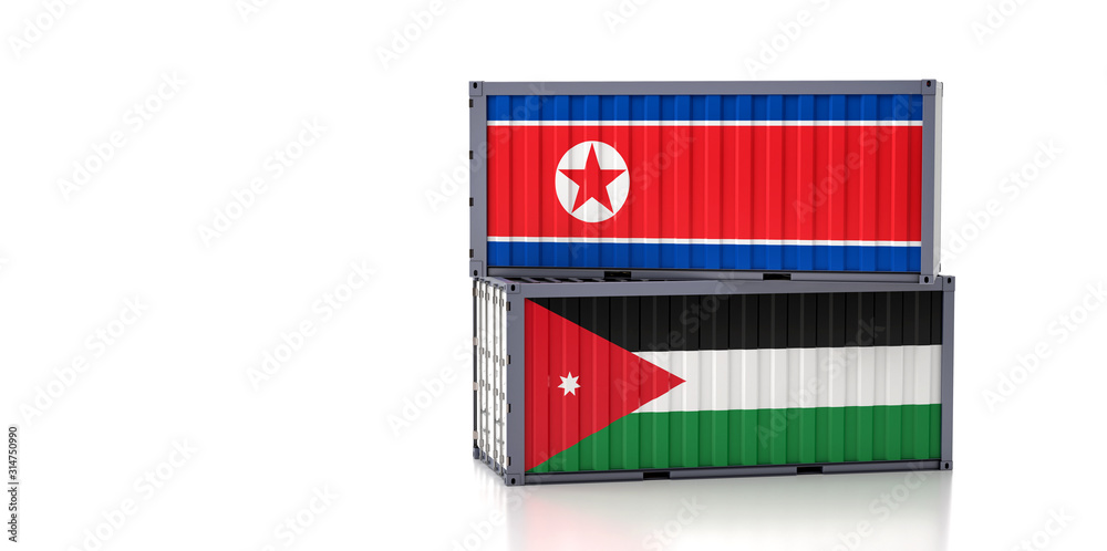 Freight container with Jordan and North Korea flag. 3D Rendering Freight container with Jordan and North Korea flag. 3D Rendering