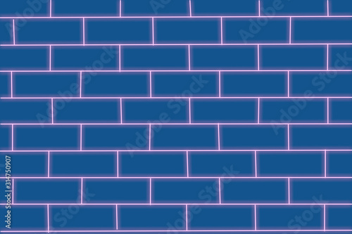 blue brick wall as a template for design. Trendy concept with neon lines  space for text 