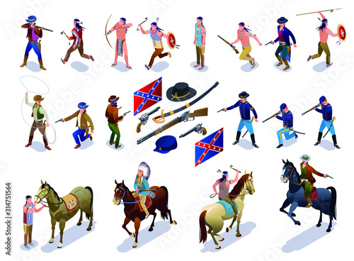 Wild West Set Indians Cowboys Army isometric icons on isolated background