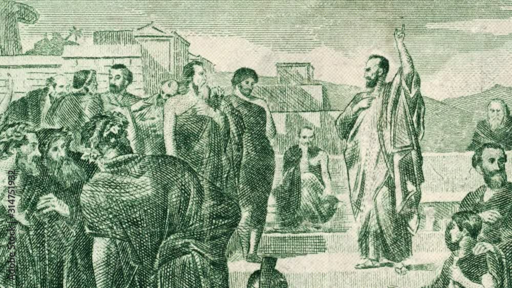 Apostle Paul in Athens on Greece 500 drachma (1955) banknote tracking. Areopagus sermon of Saint Paul. Apostle Paul is one of the most important figures of Christianity. 4K