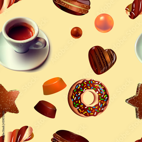 Vector illustration of a seamless pattern with a cup of coffee and sweets. Candies and coffee on a brown background.