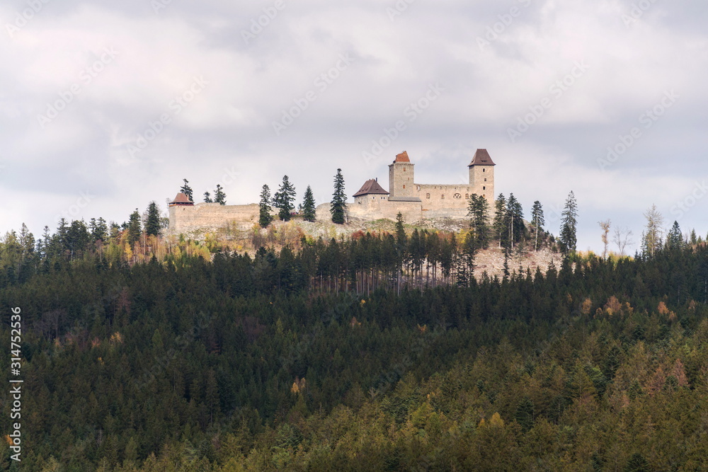 Medieval Kasperk Castle in southwestern Bohemia, Czech Republic, sunny autumn day, Plzen region, Sumava range