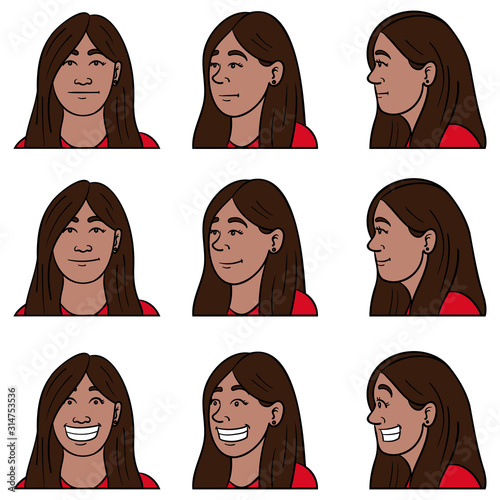 Avatar set of a dark-skinned woman with brown hair at different angles with different facial expressions.  neutral, smiling, hearty laugh.  Emotions, vector illustration.