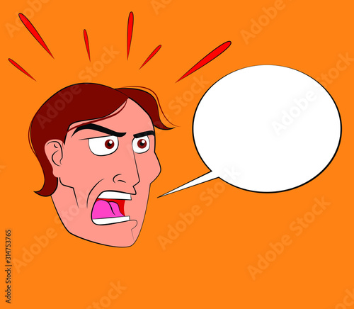 Vector illustration of a young man shouting something in an empty comic balloon to write whatever he wants