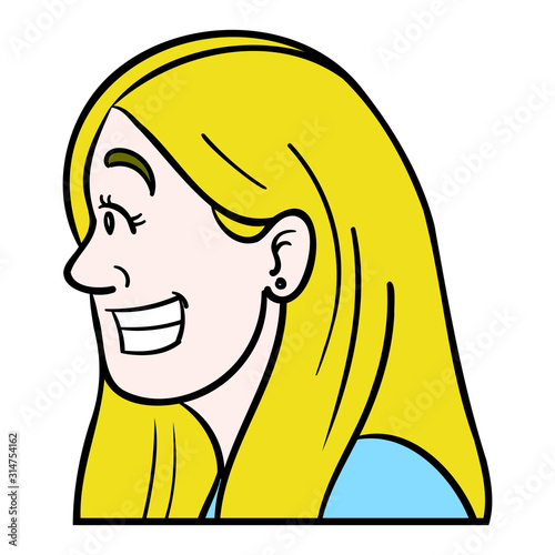 Vector illustration of a European woman in profile with blond hair and fair skin who laughs happily and shows her teeth.  Avatar, emotions, being happy, blue top.