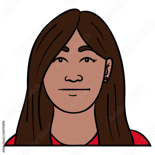 dark-skinned woman with long brown hair, looks bored frontally at the camera. avatar, emotions, neutral, indecisive, bored, tired, red, brown, mexican, latina.