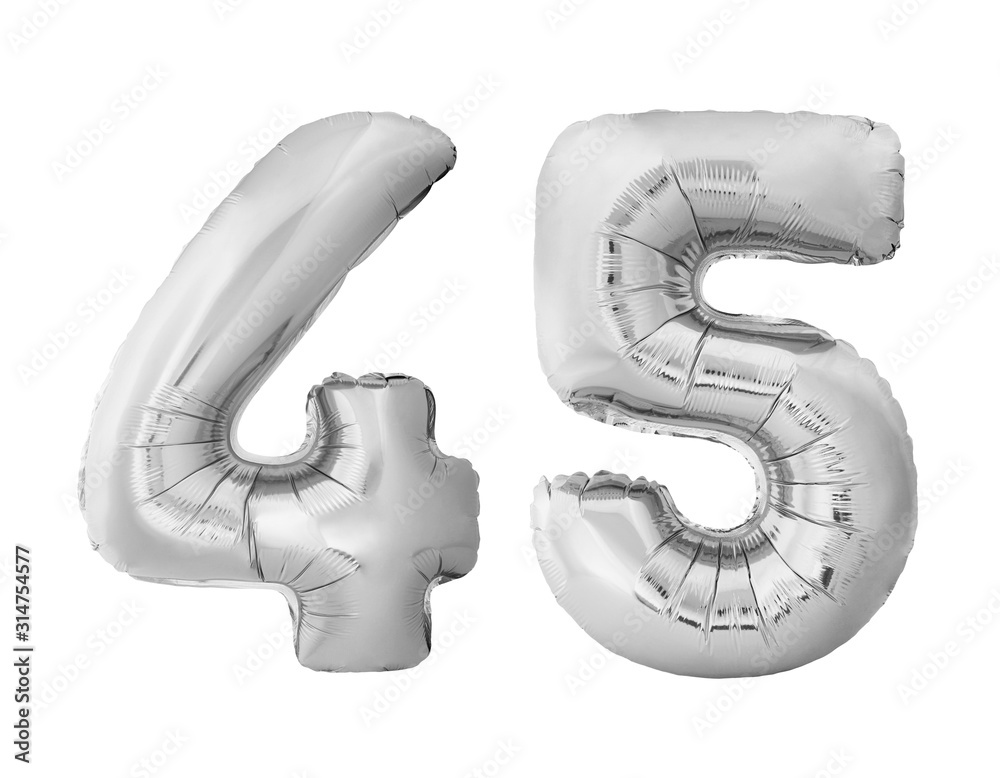 Number 45 forty five made of silver inflatable balloons isolated on white background. Chrome silver helium balloons forming 45 forty five number Number 45 forty five made of silver inflatable balloons isolated on white background. Chrome silver helium balloons forming 45 forty five number