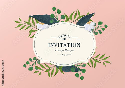 Vintage label design with hand drawn watercolor brush. Leaves and branch element background. Handdrawn natural label template.