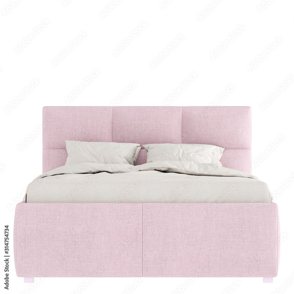 Double bed with soft pink fabric upholstery and light bedding on a white background. Front view copyspace. 3d rendering