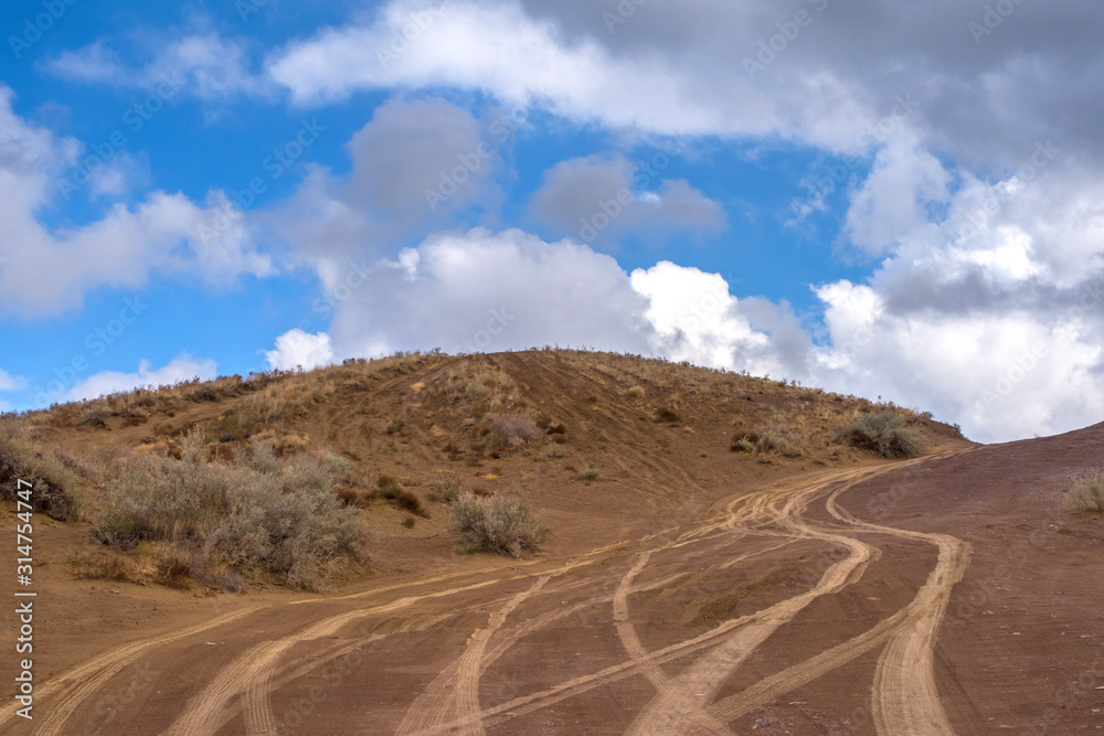 Landscape in the badlands of Kazakhstan on a sunny day