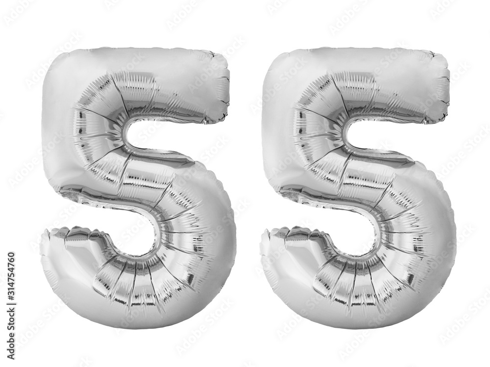 Number 55 fifty five made of silver inflatable balloons isolated on white background. Silver chrome helium balloons forming 55 fifty five number Number 55 fifty five made of silver inflatable balloons isolated on white background. Silver chrome helium balloons forming 55 fifty five number