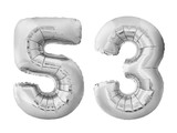 Number 53 fifty three made of silver inflatable balloons isolated on white background. Silver chrome helium balloons forming 53 fifty three number