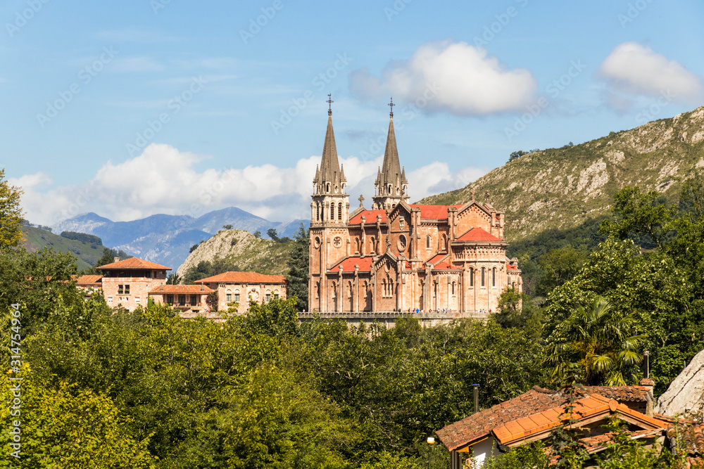 Cangas de Onis, Spain. The Royal Basilica and Shrine of Our Lady of Covadonga, a famous pilgrimage site in Asturias