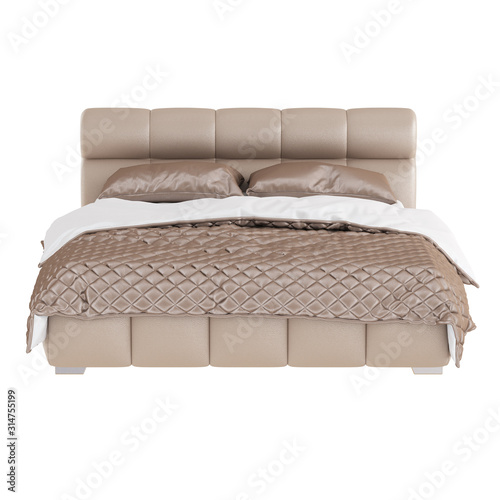 Double bed with tan leather upholstery with two pillows and a quilt on a white background. Front view. 3d rendering