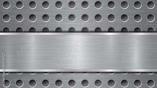 Background in gray colors, consisting of a metallic perforated surface with holes and a polished plate with metal texture, glares and shiny edges