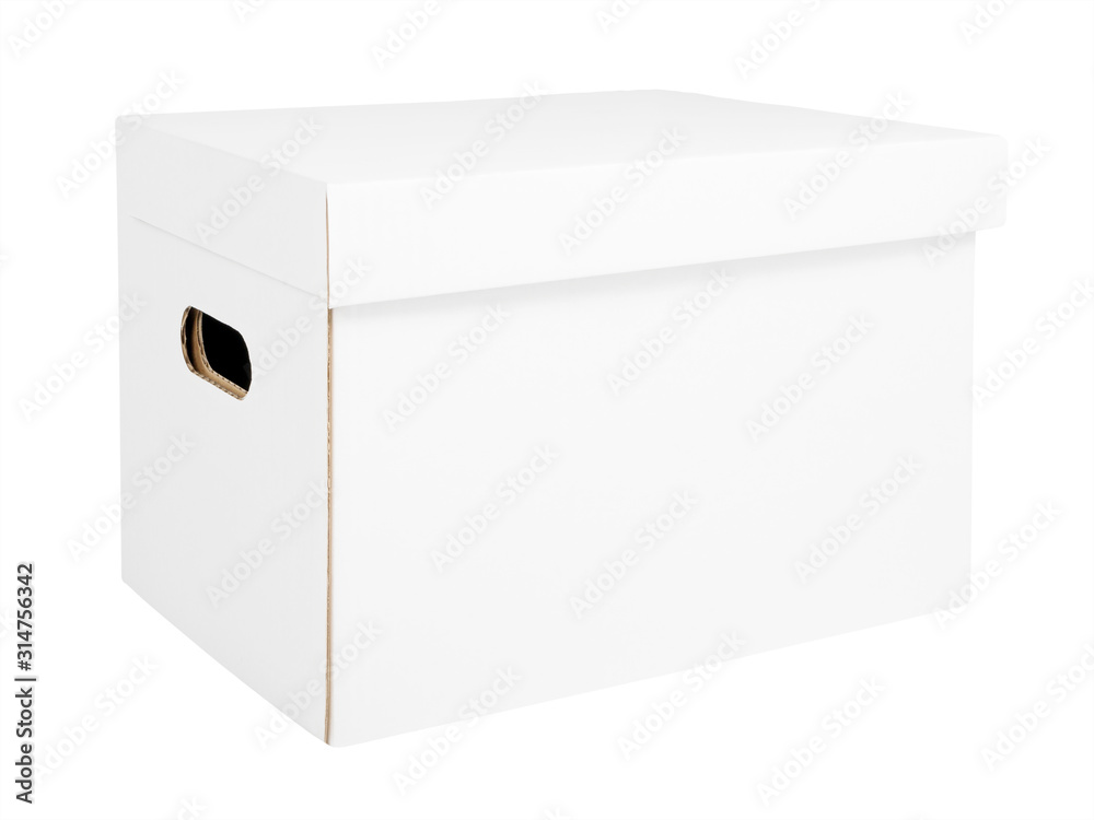 White archive cardboard box. Closed blank white archive carton box isolated  on a white background Stock Photo