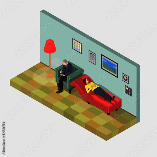 The psychologist is counseling a woman in isometric. The woman on the couch is a psychologist, she wants to solve her mental problems.