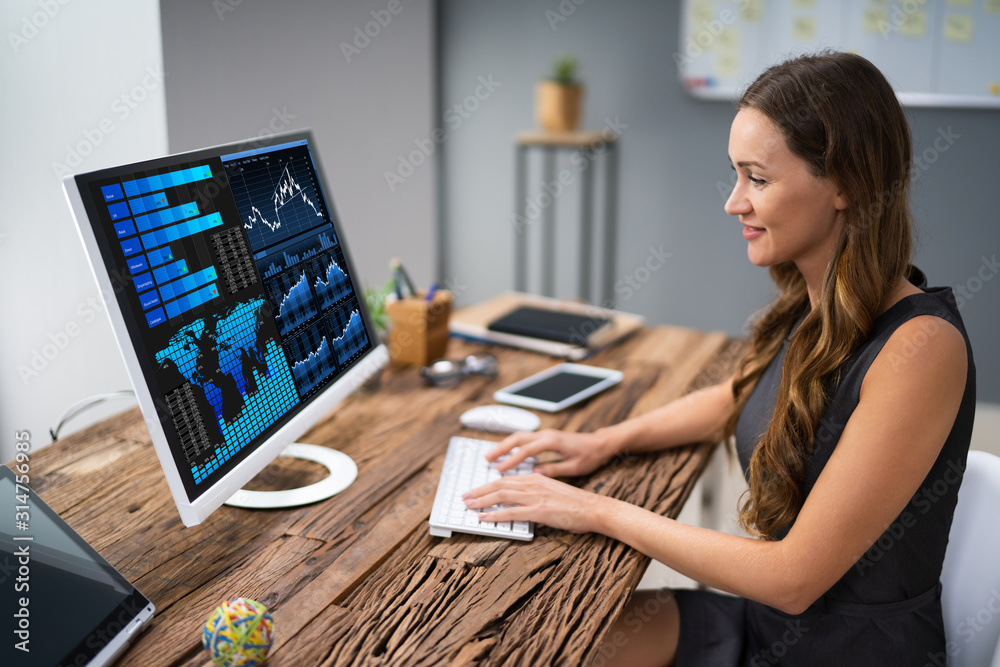 Businesswoman Analyzing Graph On Computer Businesswoman Analyzing Graph On Computer
