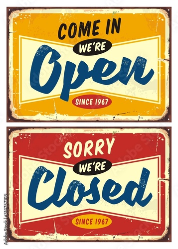 Open and closed door signs set  welcoming shop or store visitors. Colorful vector collection of retail business info. 