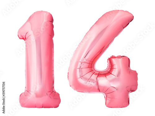 Number 14 fourteen made of rose gold inflatable balloons isolated on white background. Pink helium balloons forming 14 fourteen number