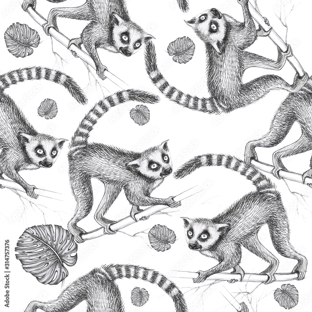 lemur pattern with tropical leaves lemur pattern with tropical leaves
