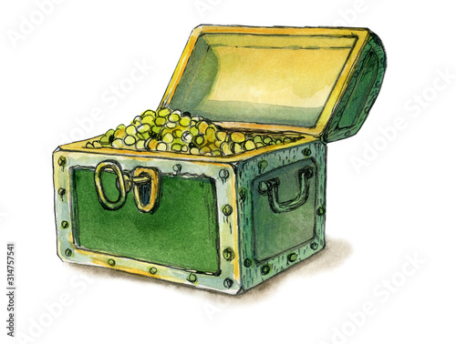 A chest of gold coins. Ancient treasures. Watercolor illustration.