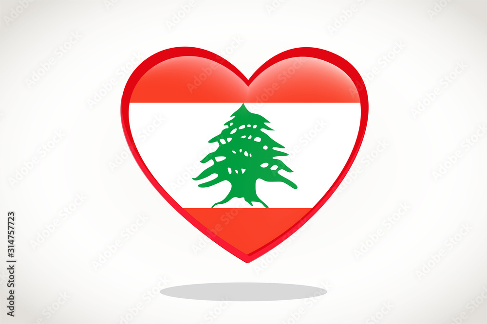 Lebanon Flag in Heart Shape. Heart 3d Flag of Lebanon, Lebanon flag template design. Lebanon Flag in Heart Shape. Heart 3d Flag of Lebanon, Lebanon flag template design.