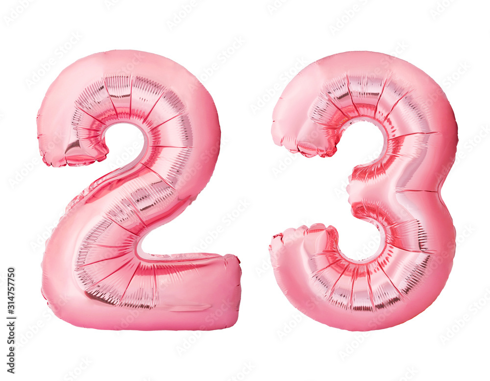 Number 23 twenty three made of rose gold inflatable balloons isolated on white background. Pink helium balloons forming 23 twenty three number Number 23 twenty three made of rose gold inflatable balloons isolated on white background. Pink helium balloons forming 23 twenty three number