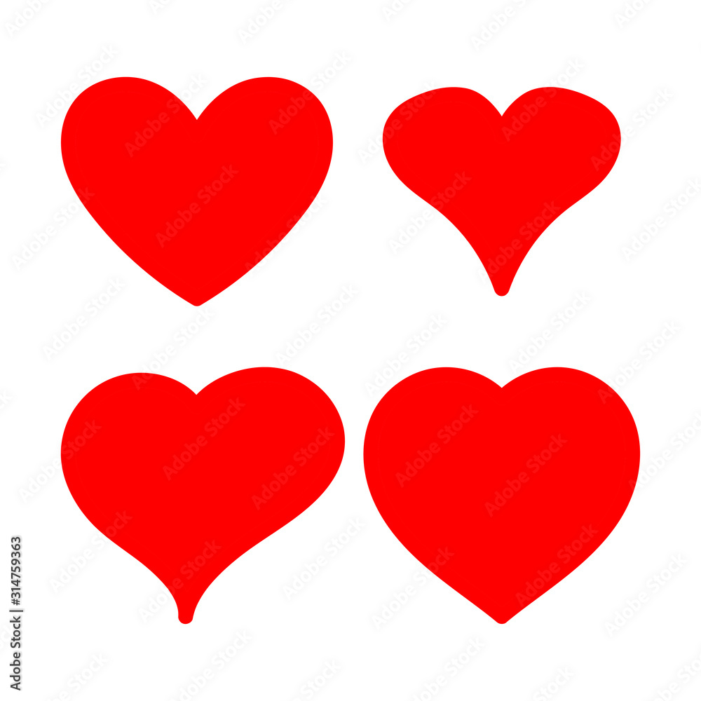Red hearts set, isolated on white background, vector illustration.