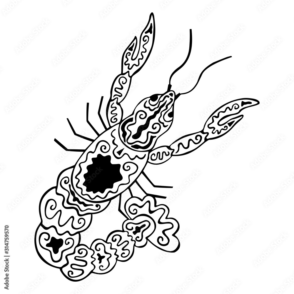 Black and white crayfish with ethnic patterns. Isolated hand drawn Astacidae of the crustacean family. Cancer zodiac symbol. Crab for coloring book, tattoo, print. Vector.