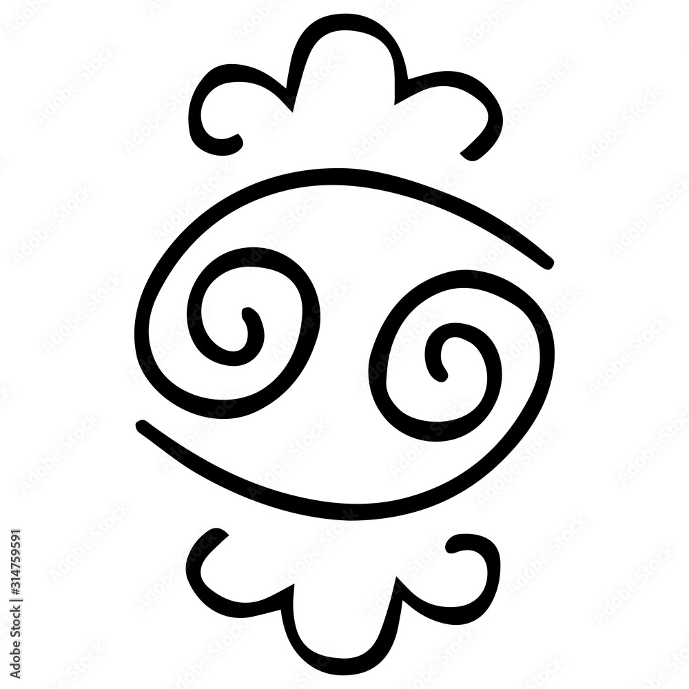 Black hand-drawn zodiac sign Cancer with decorative wavy lines. Isolated tattoo, logo, icon, sticker. Vector. Black hand-drawn zodiac sign Cancer with decorative wavy lines. Isolated tattoo, logo, icon, sticker. Vector.