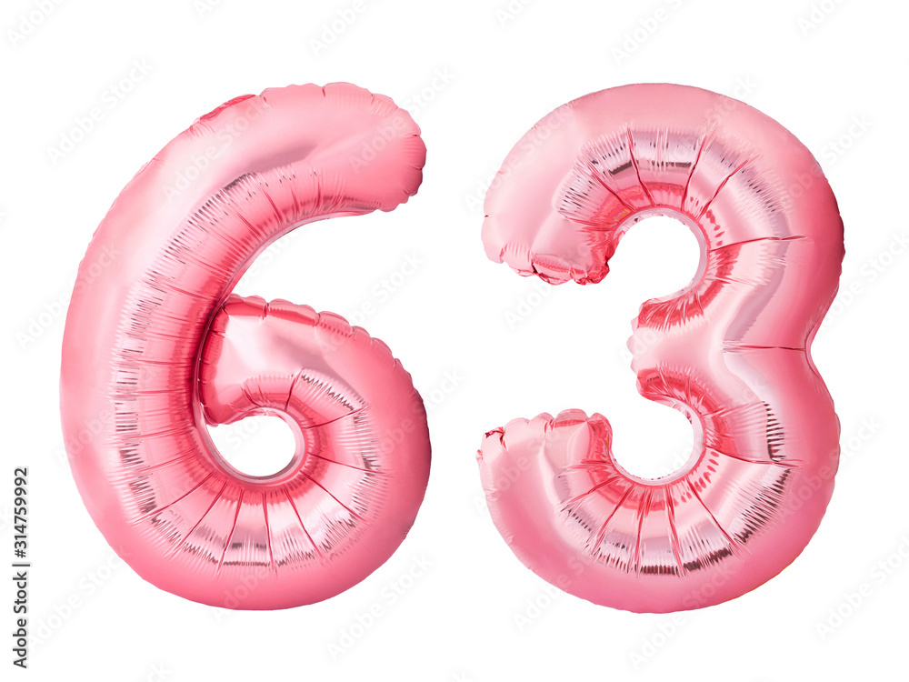 Number 63 sixty three made of rose gold inflatable balloons isolated on white background. Pink helium balloons forming 63 sixty three number Number 63 sixty three made of rose gold inflatable balloons isolated on white background. Pink helium balloons forming 63 sixty three number