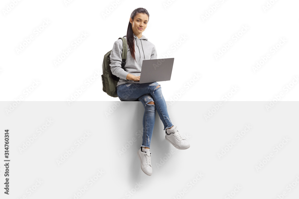 Female student sitting on a blank panel with a laptop - obrazy, fototapety, plakaty 