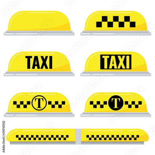 Taxi light sign vector set isolated on white background in cartoon flat style.